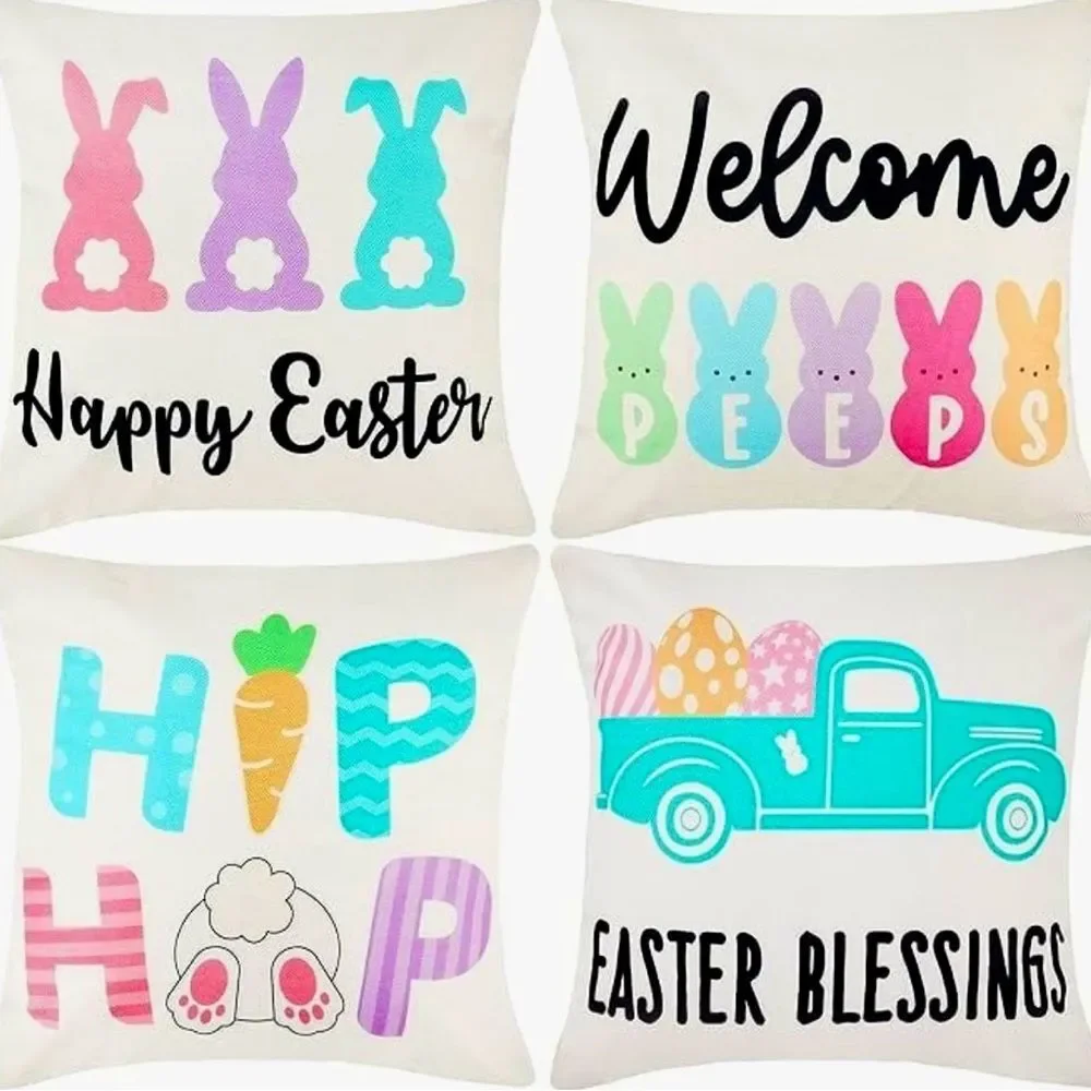 Easter Set of 4 Burlap Pillow Cover Hip Hop Happy Easter Blessings Welcome Peeps